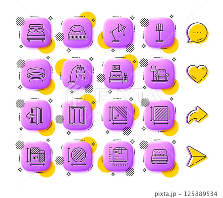 Armchair, Table lamp and Pillows line icons. App 3d buttons. Social media comment, share, like icons. Pack of Package size, Floor lamp, Mattress icon. Vector 125889534