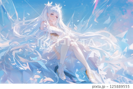 躍動感あふれる白髪の美少女キャラクター・アニメスタイルのファンタジーイラスト 125889555