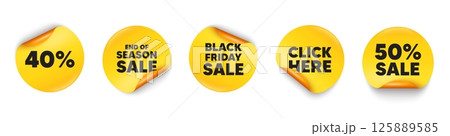 Discount sticker tag. 50 percent discount, Black friday paper price banners. 40 percent off sale tag. Discount offer price sign. Special offer symbol. Click here sticker. Vector Discount sticker tag. 50 percent discount, Black friday paper price banners. 40 percent off sale tag. Discount offer price sign. Special offer symbol. Click here sticker. Vector 125889585