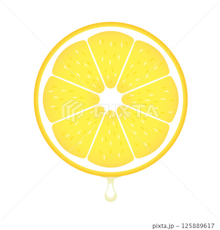 果汁がしたたるフレッシュな輪切りレモンの断面 - レモン果汁やビタミンC、酸味のイメージイラスト素材 125889617