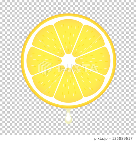 果汁がしたたるフレッシュな輪切りレモンの断面 - レモン果汁やビタミンC、酸味のイメージイラスト素材 125889617