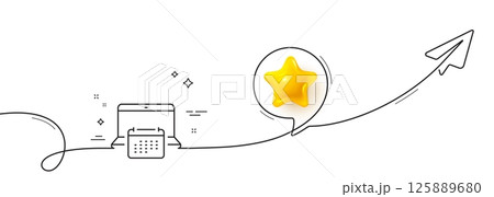 Calendar line icon. Continuous line with share plane. Annual planner sign. Laptop event schedule symbol. 3d star in speech bubble. Calendar single line ribbon. Loop curve pattern. Vector 125889680