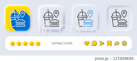 Food delivery line icon. Neumorphic, Flat shadow, 3d buttons. Meal order location sign. Fast food symbol. Line fast food icon. Social media icons. Vector 125889688