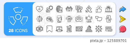 Water cooler, Remove image and Empower line icons. Interest rate, AI generate, Inflation icons. Pack of Oil barrel, Speech bubble, Safe water icon. Brand, Shield, Quick tips pictogram. Vector 125889701
