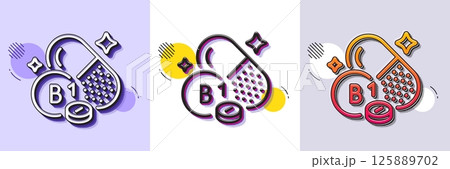 Vitamin B1 line icon. Halftone dotted pattern. Gradient icon with grain shadow. Thiamine food micronutrient sign. Capsule or pill supplement symbol. Line thiamine vitamin icon. Various designs. Vector 125889702