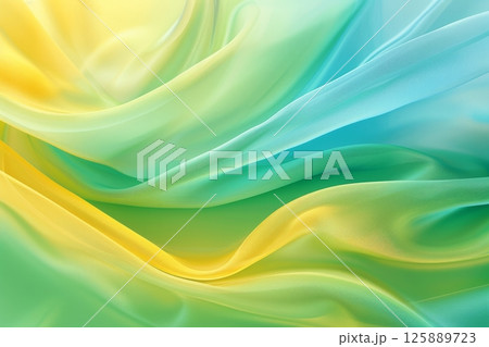Soft, translucent fabric in a dynamic blend of green, yellow, and blue flows gently, showcasing a calming and harmonious design ideal for decor 125889723