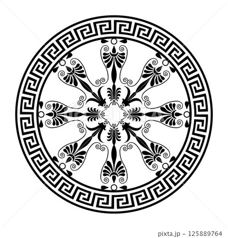 Greek vector round ornament. Greek key meanders. Circle of Ancient Greece,  Roman Empire. Greek fret, key. Circle, Arabesque, Byzantine pattern. Decoration of European palaces, ceramic, textile 125889764