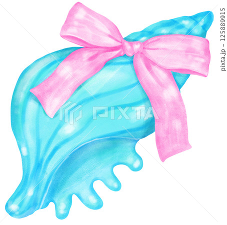 Coquette Seashell  Watercolor,  Pastel Mint Green Conch Shell with Pink Bow for Summer, Beach, and Coastal Design 125889915