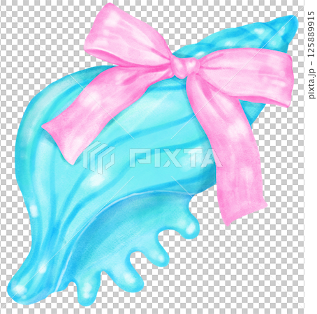 Coquette Seashell  Watercolor,  Pastel Mint Green Conch Shell with Pink Bow for Summer, Beach, and Coastal Design 125889915