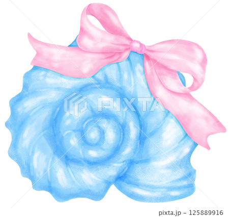 Coquette Seashell Watercolor, Pastel Blue Snail Conch Shell with Pink Bow for Summer, Beach, and Coastal Design Coquette Seashell Watercolor, Pastel Blue Snail Conch Shell with Pink Bow for Summer, Beach, and Coastal Design 125889916