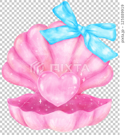 Coquette Seashell Watercolor,  Pastel Pink Open Clam Shell with Blue Bow for Summer, Beach, and Coastal Design 125889919