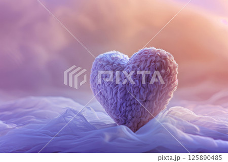 Romantic Cozy Heart-Shaped Knitted Decor on Soft Fabric with Pastel Background Romantic Cozy Heart-Shaped Knitted Decor on Soft Fabric with Pastel Background 125890485