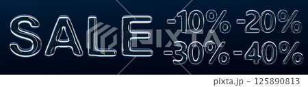 Water font, liquid SALE letters with discount numbers 10, 20, 30, 40 percent sign on dark blue bg. Glass hologram transparent digits for black friday price offer, isolated render set. 3D illustration 125890813