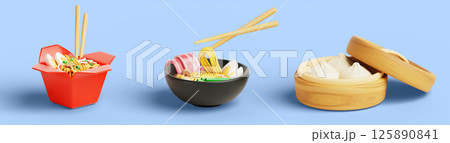 Traditional asian food set - noodle wok in paper box, ramen soup in bowl with chopsticks, baozi bao in bamboo steamer. Chinese, korean, japanese dishes, isolated realistic render icon. 3D illustration Traditional asian food set - noodle wok in paper box, ramen soup in bowl with chopsticks, baozi bao in bamboo steamer. Chinese, korean, japanese dishes, isolated realistic render icon. 3D illustration 125890841