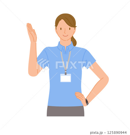 ジムのスタッフ（笑顔の若い女性）：手で案内をする 125890944