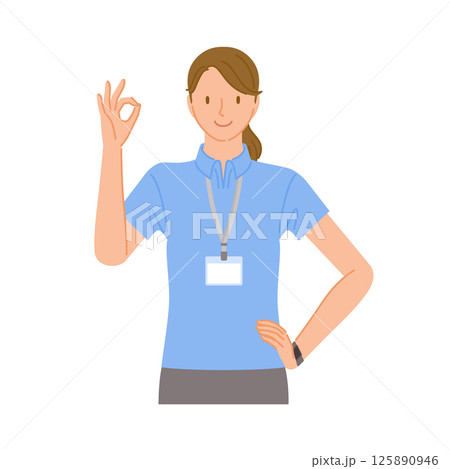 ジムのスタッフ（笑顔の若い女性）：手でOKポーズ 125890946