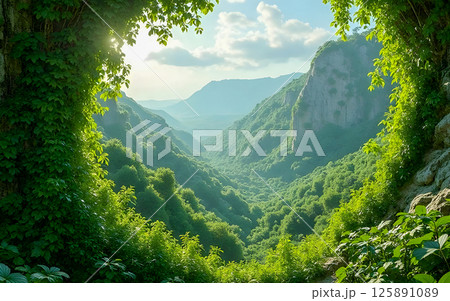 landscape with mountains and green trees 125891089