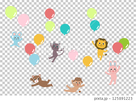 風船でふわふわと飛んでいるかわいい動物たちのセットイラスト 125891223