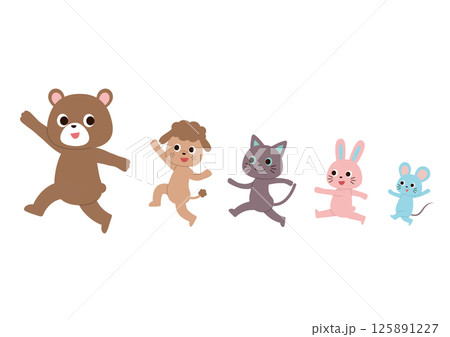 一列になって楽しそうにスキップしながら進んでいるかわいい動物たち 125891227
