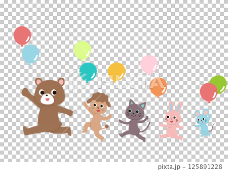 風船を持って楽しそうにスキップしているかわいい動物たち 風船を持って楽しそうにスキップしているかわいい動物たち 125891228