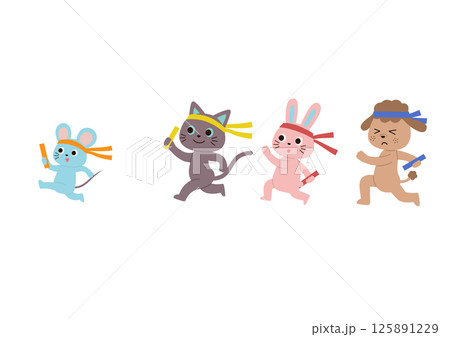 バトンをもってかけっこをしているかわいい動物たち バトンをもってかけっこをしているかわいい動物たち 125891229