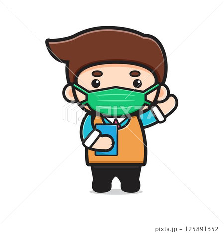 Cute teacher wearing mask cartoon vector icon illustration 125891352