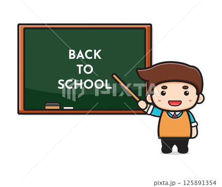 Cute teacher in classroom pointing to chalkboard cartoon illustration 125891354
