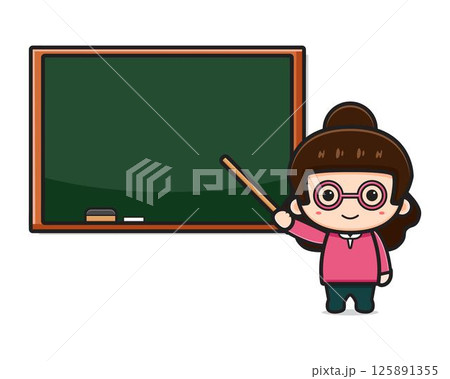 Cute teacher in classroom pointing to chalkboard cartoon illustration 125891355