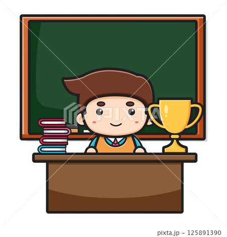 Cute teacher sitting in classroom with chalkboard cartoon icon illustration 125891390