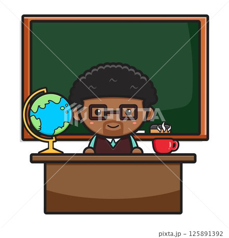 Cute teacher sitting in classroom with chalkboard cartoon icon illustration 125891392