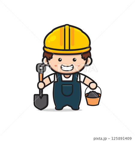 Cute engineer construction worker holding shovel and cement cartoon icon illustration 125891409