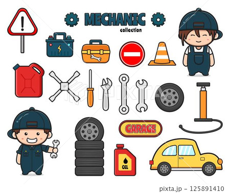 Set collection of cute mechanic with object cartoon clip art icon illustration 125891410