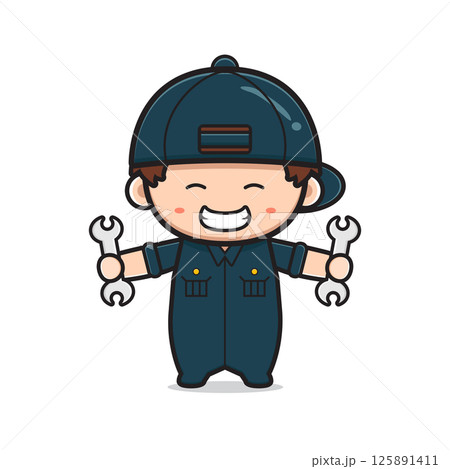 Cute mechanic holding wrench cartoon icon illustration 125891411