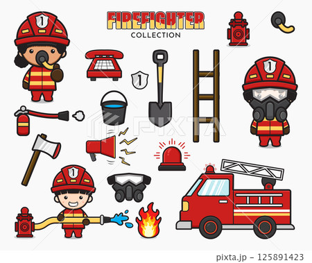 Set collection of cute firefighter and equipment cartoon icon clipart illustration 125891423