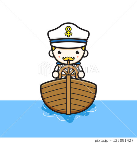 Cute captain driving boat cartoon icon illustration 125891427