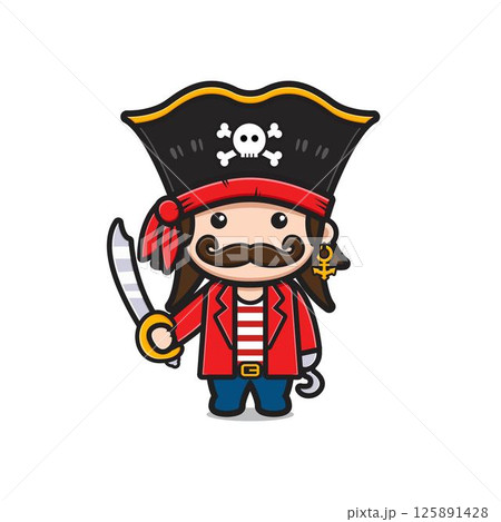 Cute captain pirates holding sword cartoon icon illustration 125891428