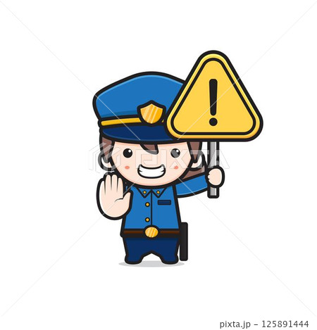 Cute police holding warning sign cartoon icon illustration 125891444