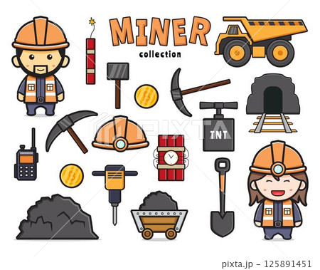Set collection of cute miner and equipment doodle clip art cartoon icon illustration Set collection of cute miner and equipment doodle clip art cartoon icon illustration 125891451