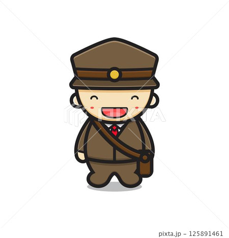 Cute postman mascot character with happy face vector cartoon icon illustration Cute postman mascot character with happy face vector cartoon icon illustration 125891461