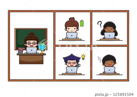 Cute teacher and student do online learning study course home school with laptop cartoon icon illustration 125891504
