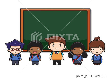 Cute teacher and students in classroom with chalkboard cartoon icon illustration 125891505