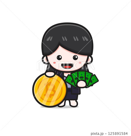Cute businesswoman holding money and bitcoin cartoon icon illustration Cute businesswoman holding money and bitcoin cartoon icon illustration 125891584