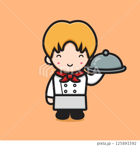 Cute chef character holding hot plate cartoon vector icon illustration Cute chef character holding hot plate cartoon vector icon illustration 125891592