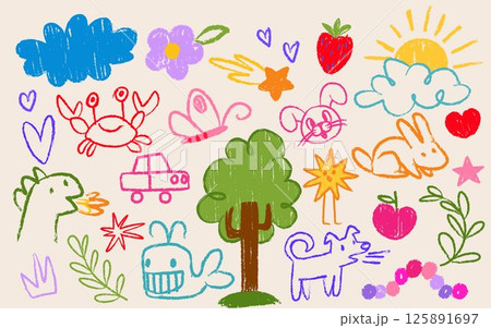 Crayon kid drawings - colorful childlike doodles Crayon kid drawings - colorful childlike doodles 125891697