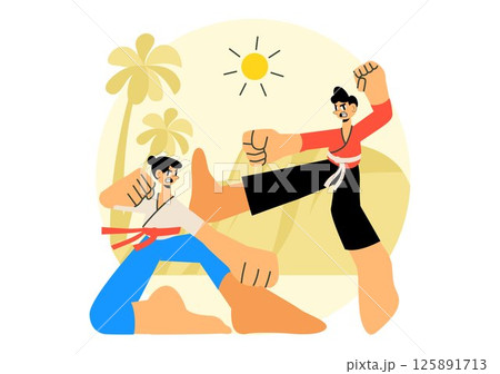 Martial Arts Vector Illustration with an Athlete Performing a High Kick Exercise, Practicing Karate, or Demonstrating Fighting Poses in a Background 125891713