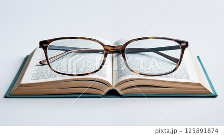 A close-up photo of a pair of eyeglasses resting on an open book with copyspace 125891874