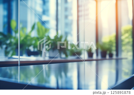blurred background of a light modern office interior. Abstract light bokeh at office interior background for design. 125891878