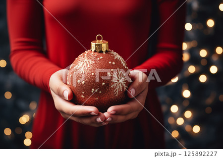 close up image of a balls on hands with Christmas ornament 125892227