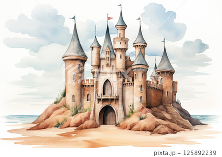Watercolor painting of a sandcastle.  Sand castle in watercolor style 125892239