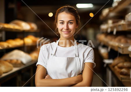 Young woman standing his own bakery shop Young woman standing his own bakery shop 125892298